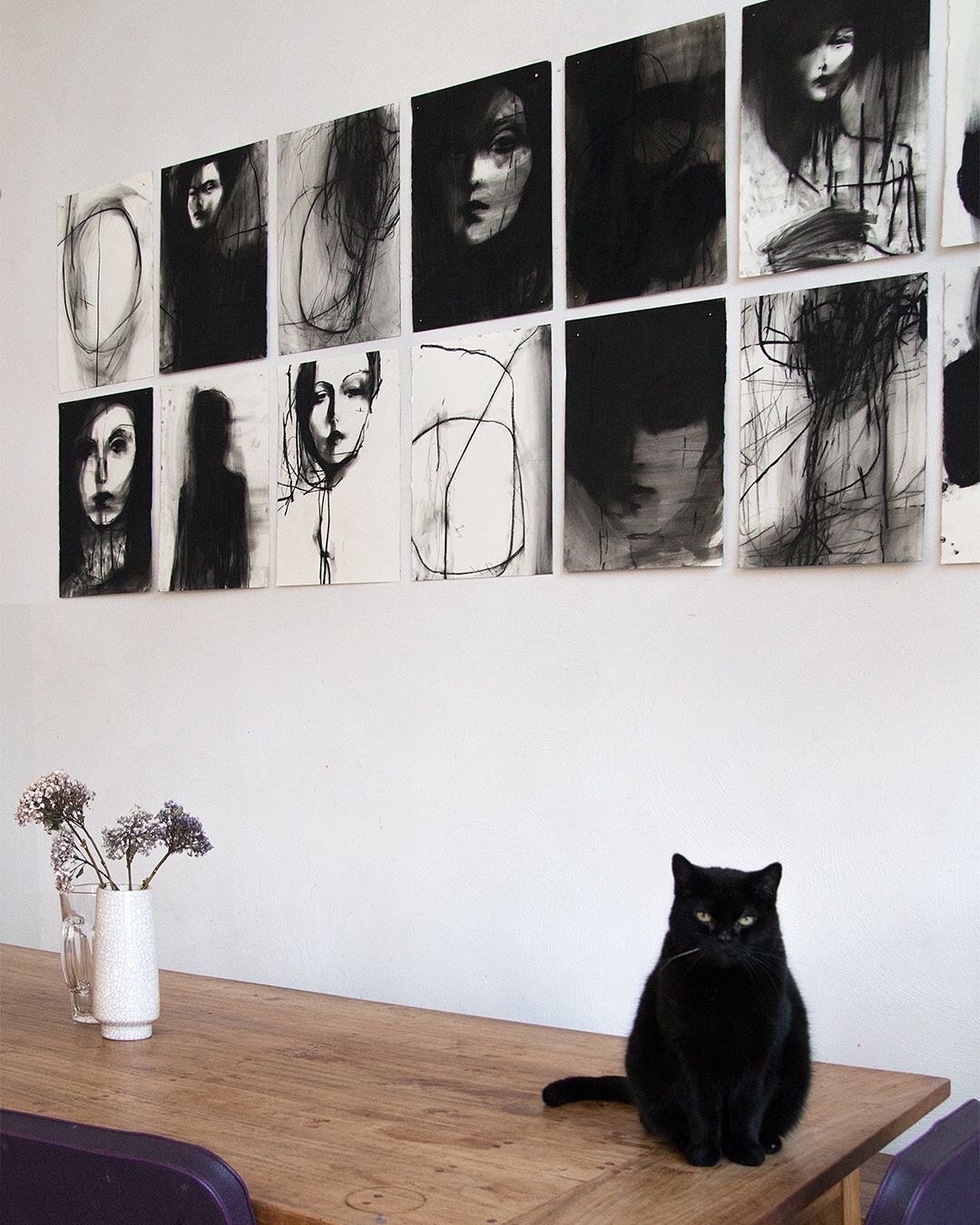 Diary 04/25/18 preparing for OPEN STUDIO on Saturday, April 28th with somebody taking her job very seriously. #openstudio #galleryweekend… Gallery Weekend, Open Studio, Abstract Faces, Charcoal Drawing, Photo Wall, Figures, Tapestry, Drawings, Frame