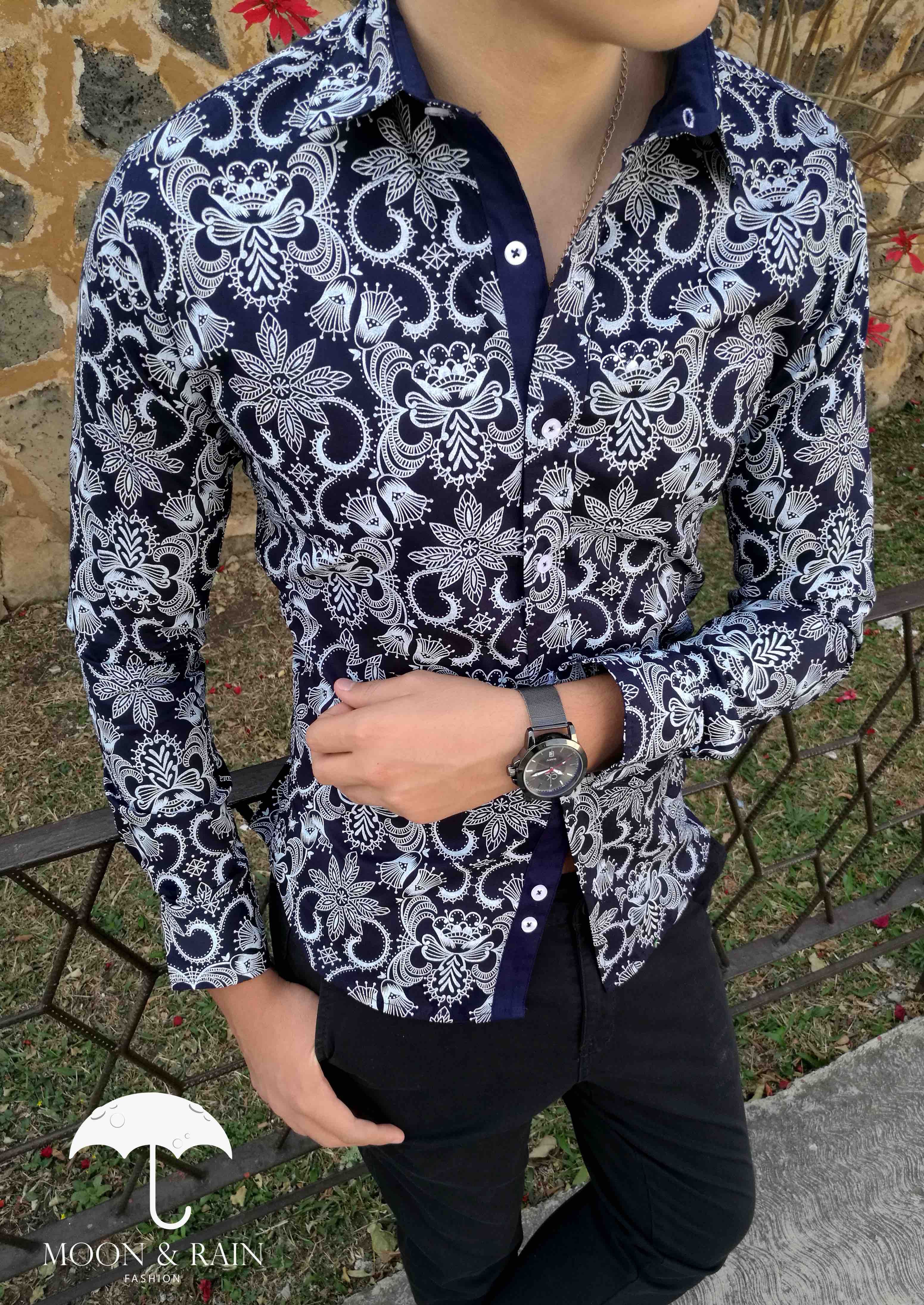 Camisa Marino de Flores Blancas para Hombre | Moon & Rain y Camisa Manga Corta Blanca de Flores para Hombre Exclusiva de