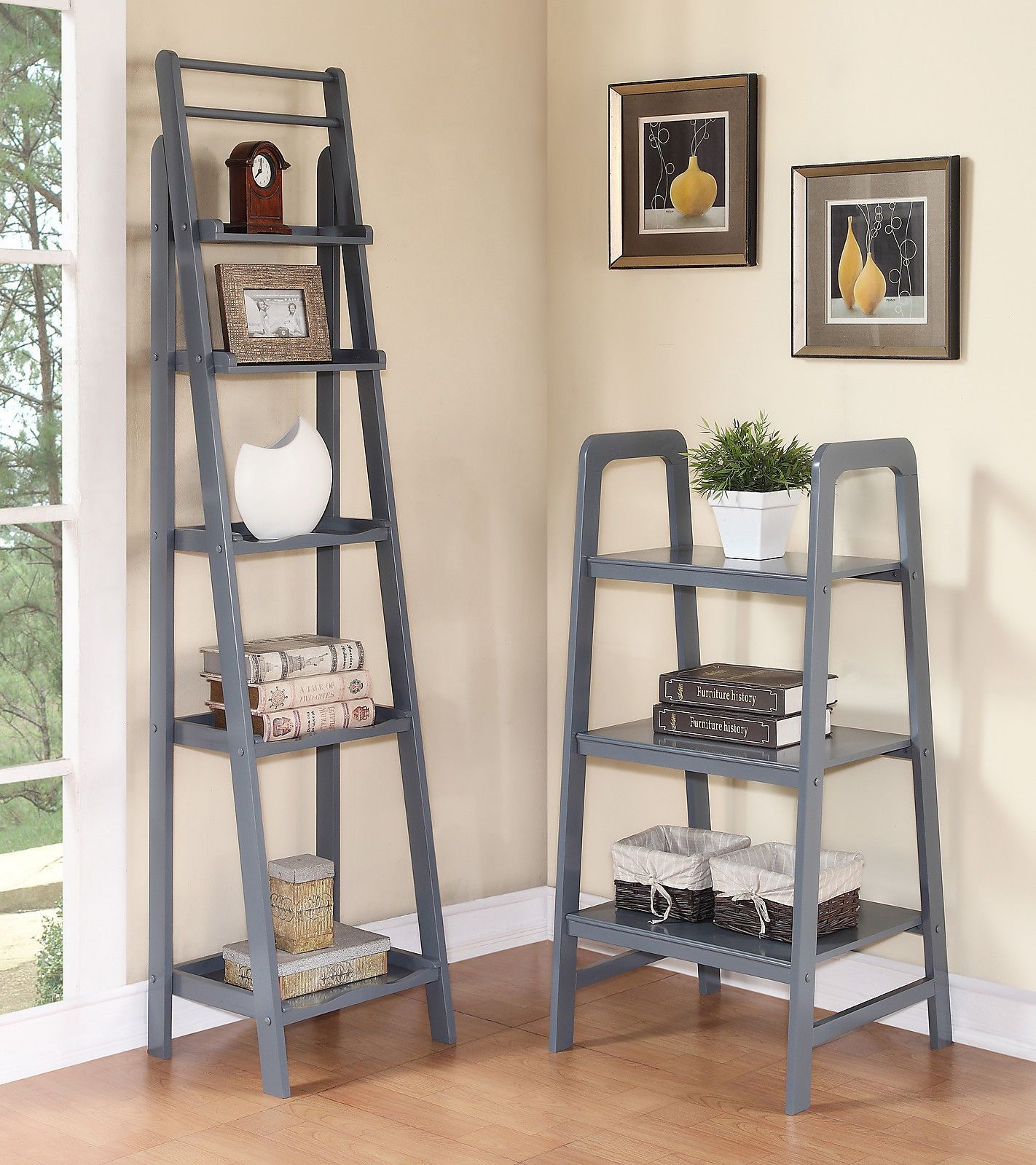 Modern Wood Ladder Rack Display Shelf Bookcase In Blue Gray Modern Wood Ladder Rack Display Shelf Bookcase In Blue Gray
