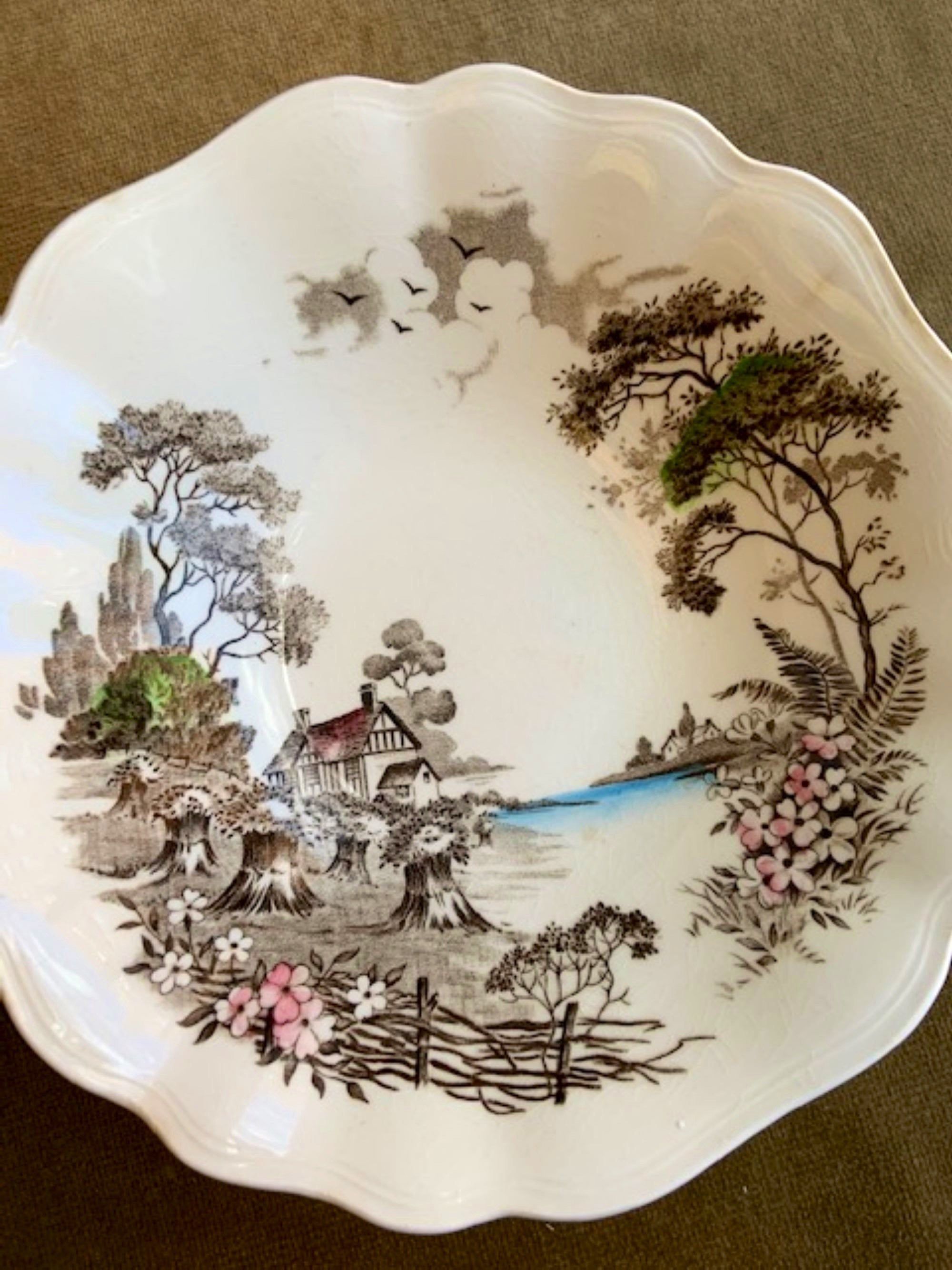 "Set of 2 Vintage J & G Meakin English Staffordshire Olde Avon Dale Small Bowls. This version in brown, pink and blue, features a charming house by a river. In good vintage condition, no cracks or chips- only some light crazing. Dimensions: 6.5\" Diameter Kindly keep in mind that all of the items we sell are vintage or antique, and as such may have signs of wear in keeping with age and use. We will try our best to indicate any damage and to show the detail in the attached photographs. If you Brass Candle Holders, Candle Set, Charming House, Advent Candles, Vintage Art Prints, Taper Candles, One And Other, Dale, Or Antique
