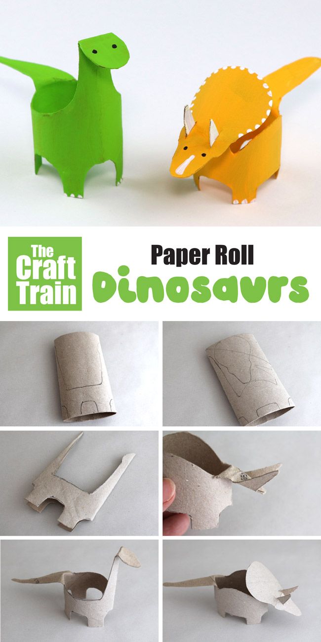 Dinosaur craft from a paper roll. Make the cutest cardboard dinosaurs using paper rolls and our printable template. You can make both a Triceratops and a Diplodocus! #dinosaur #dinosaurcraft #kidscraft #paperrolls #animalcrafts #cardboardtubes #toiletrolls #kidsactivities #kidscrafts #recyclingcrafts #recycle Toilet Paper Roll Crafts, Cardboard Crafts, Arts And Crafts For Kids, Diy For Kids, Activities For Kids, Spanish Activities, Recycled Crafts For Kids, Cardboard Playhouse, Cardboard Furniture