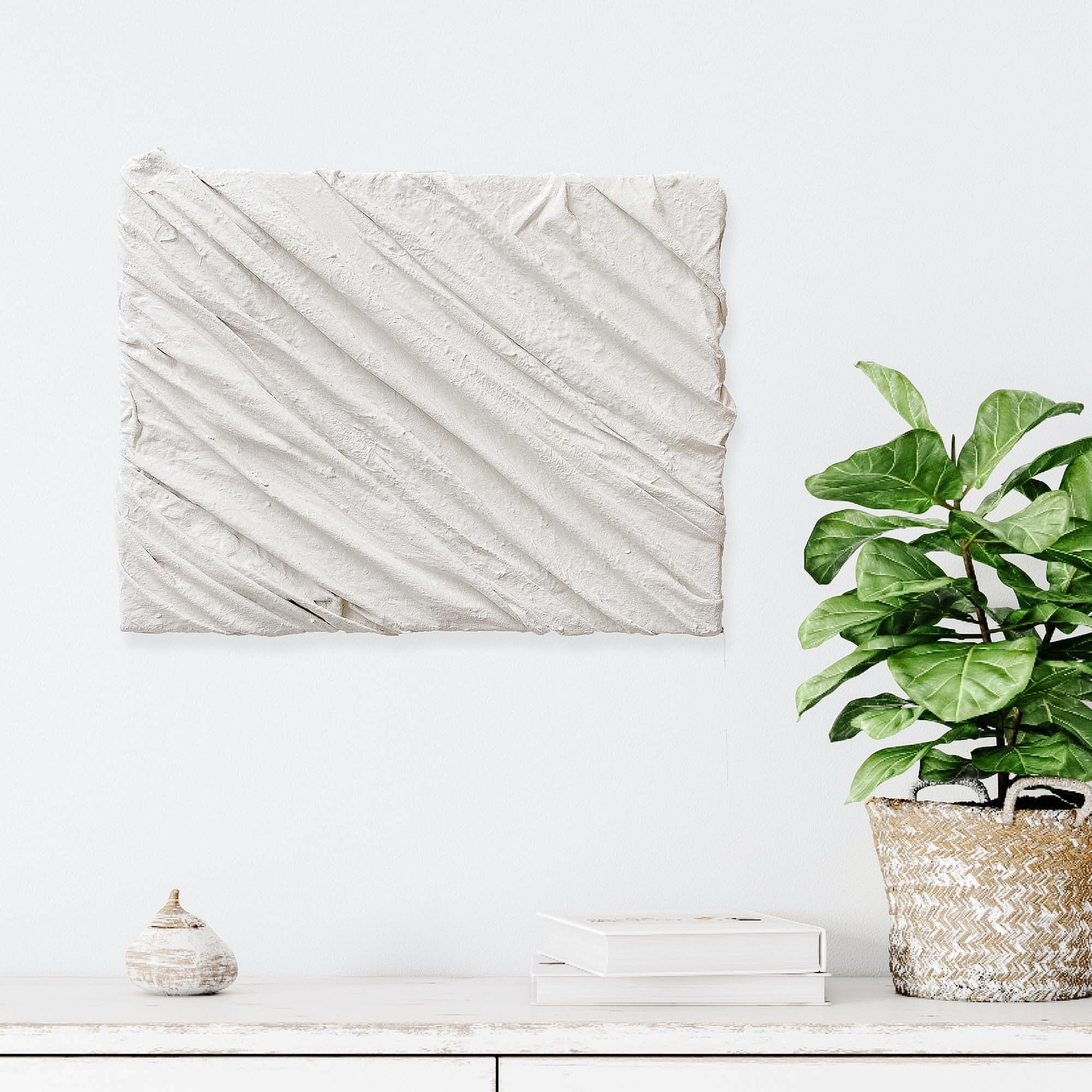 "\"Diagonal\" by Kimberly George Fabric & Plaster on Canvas Handmade to order Art work Description: \"The imperfect is far more inviting than the perfect.\" As a part of the Diagonal collection, this abstract sculpture on canvas in smoky white brings a touch of minimalism and sophistication to any space. This 3D, rich-texture sculpture the perfect wall art to add to a space without over powering it. Made from fabric and plaster, each abstract canvas art piece is handcrafted and lovingly unique Modern Wall Art Canvas, Textured Wall Art, Abstract Canvas Art, Abstract Sculpture, Canvas Wall Art, White Wall Art, White Walls, Canvas Texture, Texture Painting