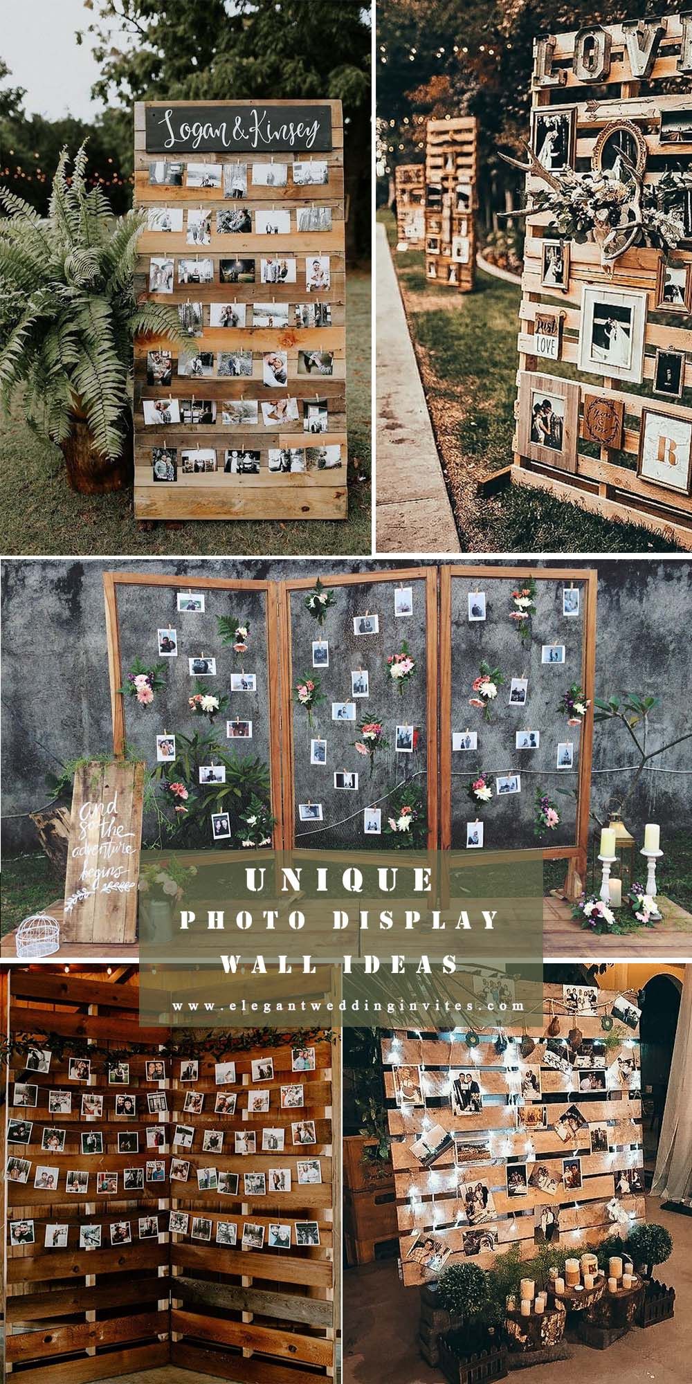 unique wedding photo display wall ideas for rustic outdoor wedding ideas Wedding Photo Wall Display, Wedding Photo Walls, Display Wall, Diy Photo Display, Unique Display, Wedding Guest Book Unique, Unique Wedding Photos, Unique Weddings, Wedding Ideas Unique Creative