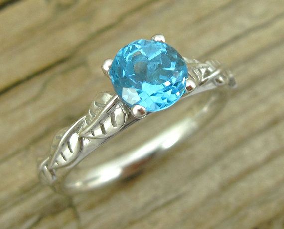 Blue Topaz Leaf Engagement Ring, Blue Topaz Engagement Ring, Antique