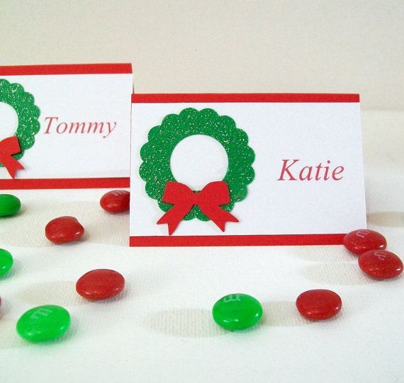 Christmas Place Cards Personalized Glitter By Acarrdiancards Items Similar To Christmas Place Cards Personalized Holiday Dinner Name Glitter Wreath On Etsy