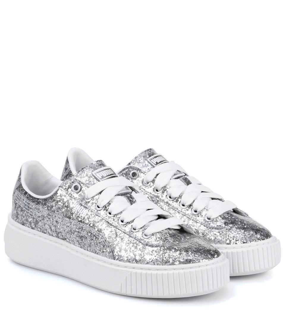 puma basket platform glitter silver