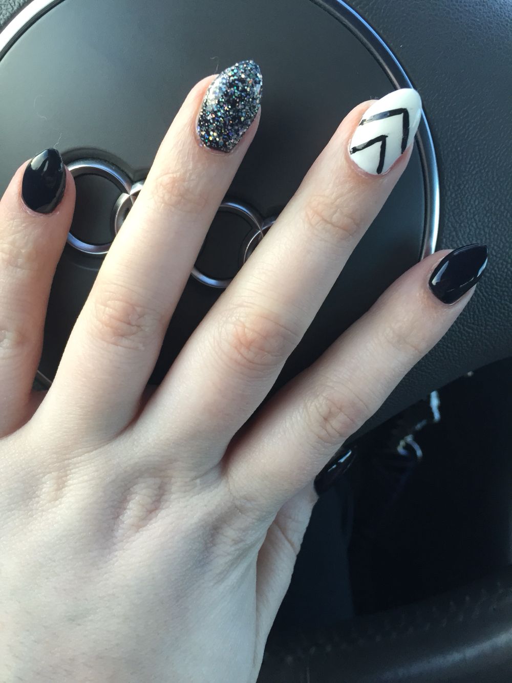 gel almond nails black white silver glitter chevron | nails