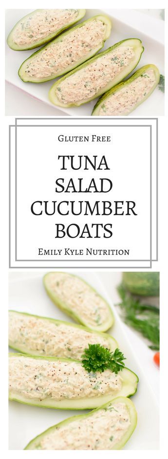 Enjoy a light and refreshing Tuna Salad Cucumber boat while cutting down on calories and carbohydrates! Made with Greek yogurt and fresh cucumbers, this dish is the perfect lightened up version of the classic tuna sandwich. via @EmKyleNutrition Cucumber Recipes, Salad Recipes, Diet Recipes, Cooking Recipes, Healthy Recipes, Delicious Healthy, Cucumber Salad, Healthy Foods, Snacks Recipes