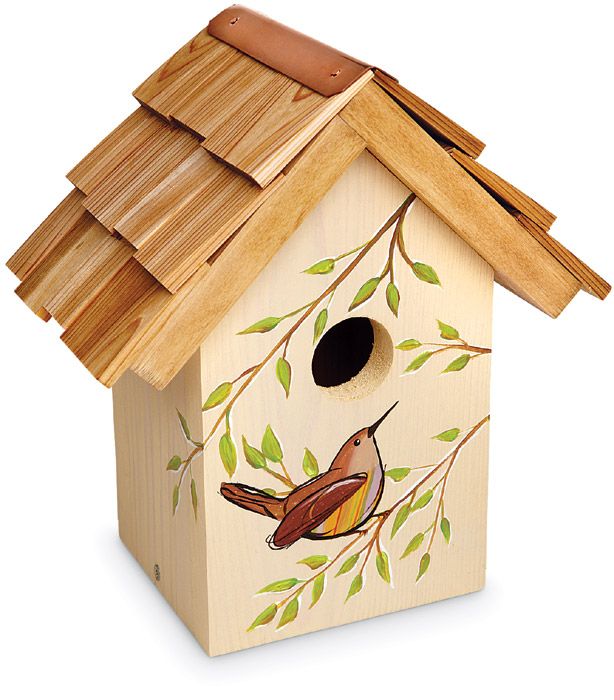 3759 Hand-Painted Charleston Gardens Wren Birdhouse | Hand-painted by American artist Libby Taylor, our birdhouse is made of cypress with a cedar-shingled roof trimmed with copper. The art featuring our wren is sprayed with a clear sealer for lasting beauty. Bird Houses Painted, Decorative Bird Houses, Bird Houses Diy, Painted Birdhouses, Birdhouse Craft, Birdhouse Designs, Bird House Plans, Bird House Kits, Charleston Gardens