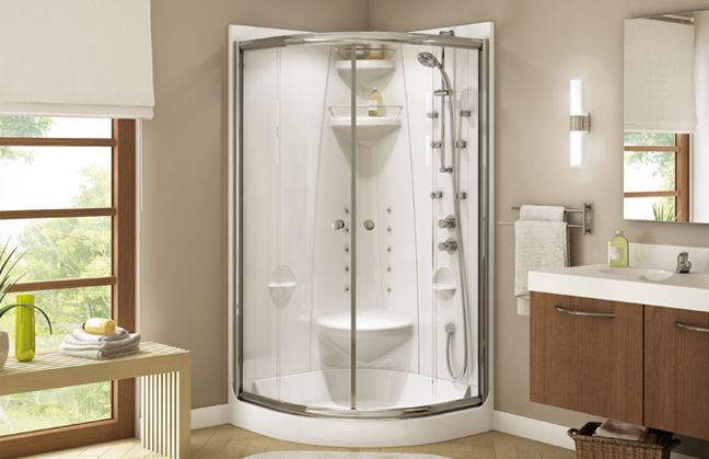 En Acrylique Freestyle 37 Toit Option 36 1 2 X 77 Blanc Fourniss Corner Shower Kits Maax Corner Shower Kits, Maax Neo Round Shower Doors