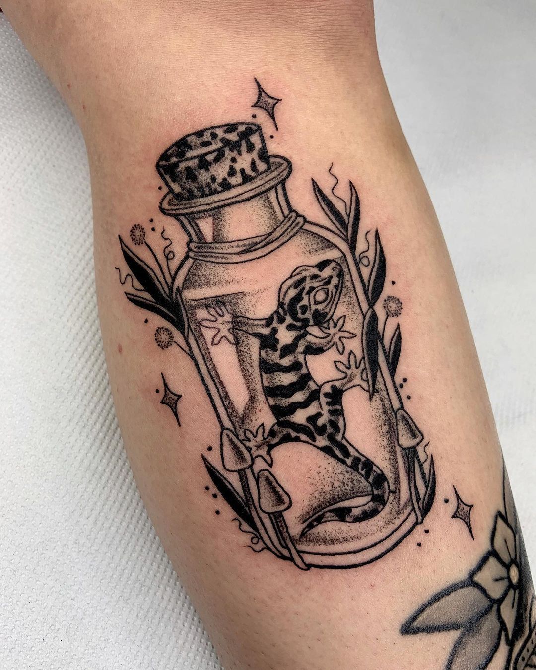 🖤 𝕮𝖆𝖘𝖊𝖞 𝕸𝖆𝖗𝖎𝖊 🖤 on Instagram: “Just a lizard in a jar.... 🦎 Would love to make more like this! ✨Repost ✨” Lizard Tattoo, Bug Tattoo, Insect Tattoo, Witch Tattoo, Gecko Tattoo, Death Tattoo, Elbow Tattoos, Dope Tattoos, Body Art Tattoos