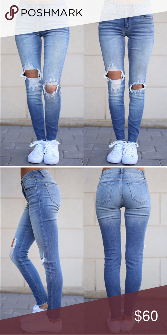 Distressed light color skinny jeans Light wash jean with distress in ...