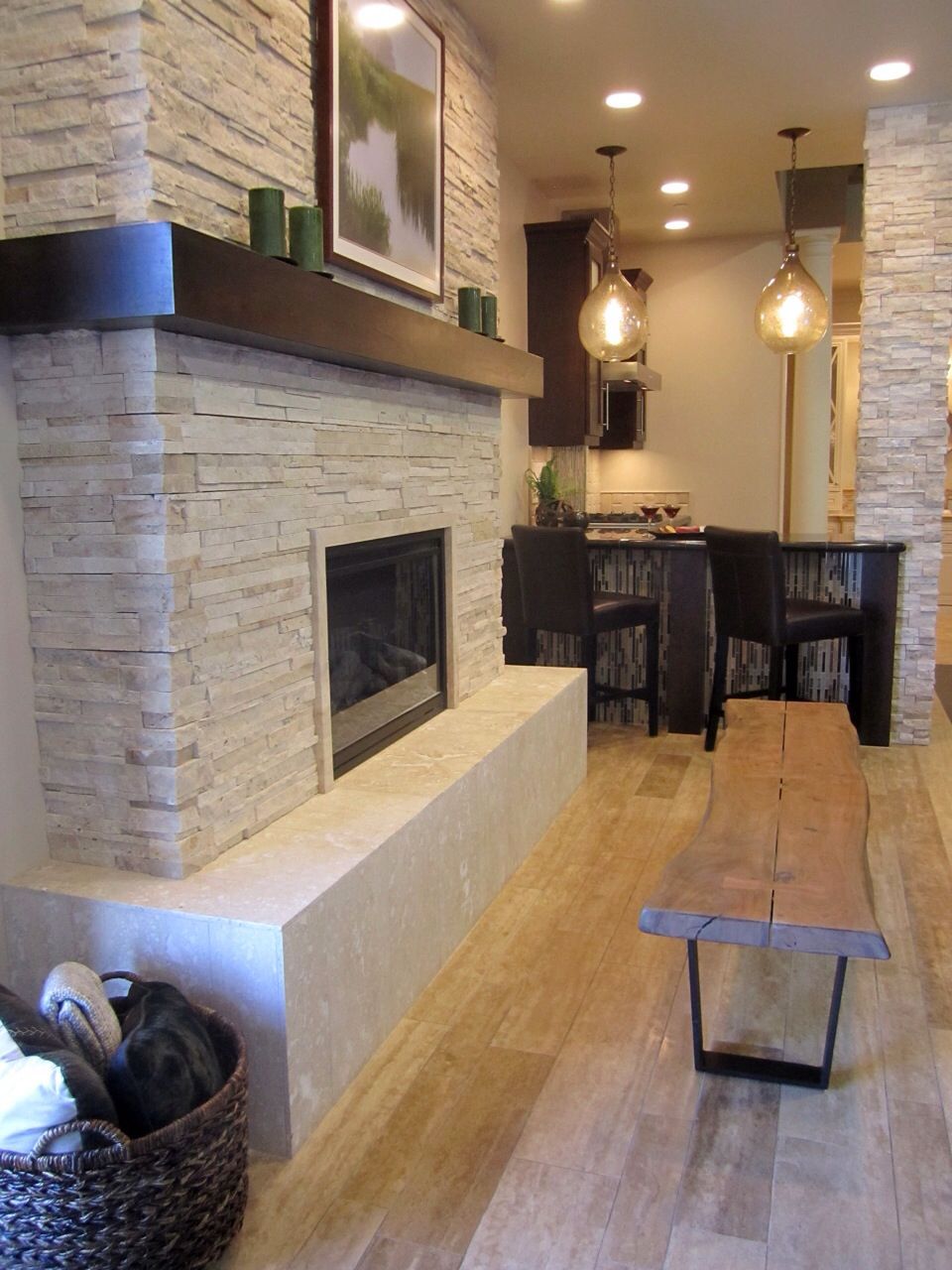 A rustic but modern fireplace. Stacked