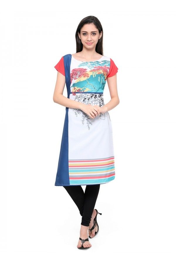 Readymade White Poly Crepe Tunic - 18849 Girls Wear, Women Wear, Casual Wear, Casual Dress, Tunics Online, Kurti Collection, Casual Tunics, Printed Kurti, Online Collections