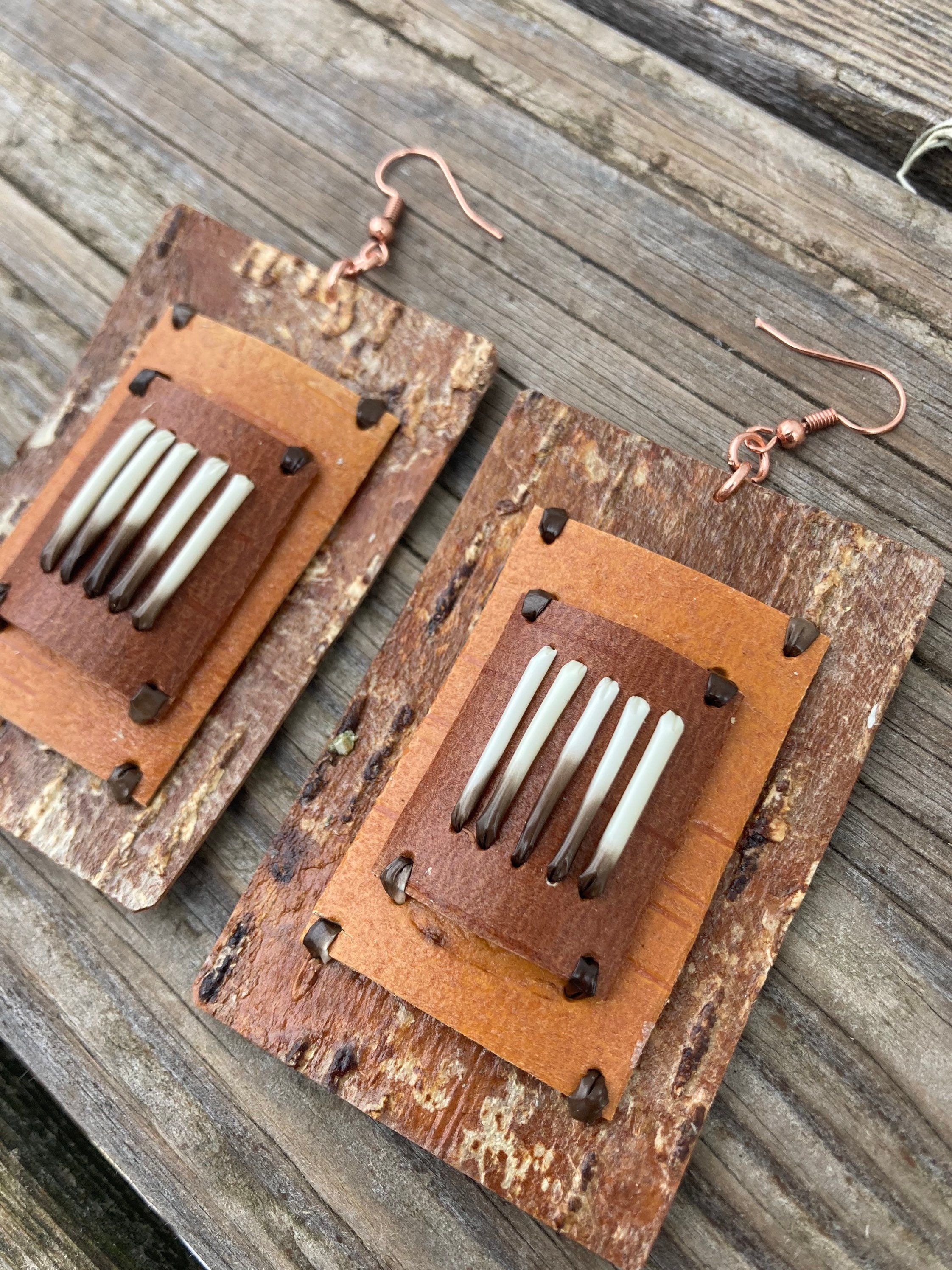 Handmade Unique! one of a kind quill birch bark tulip and leaf shaped dangle earrings Great gift for a special friend native