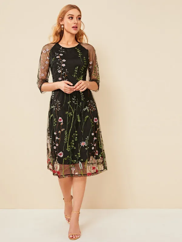 Shein Embroidery Mesh High Waist Midi Dress Shein Embroidery Mesh High Waist Midi Dress