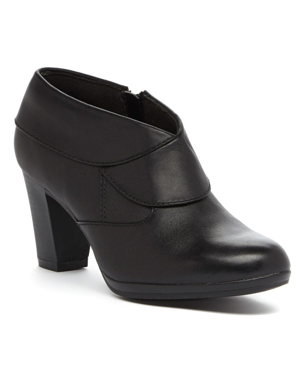 black leather booties with block heel