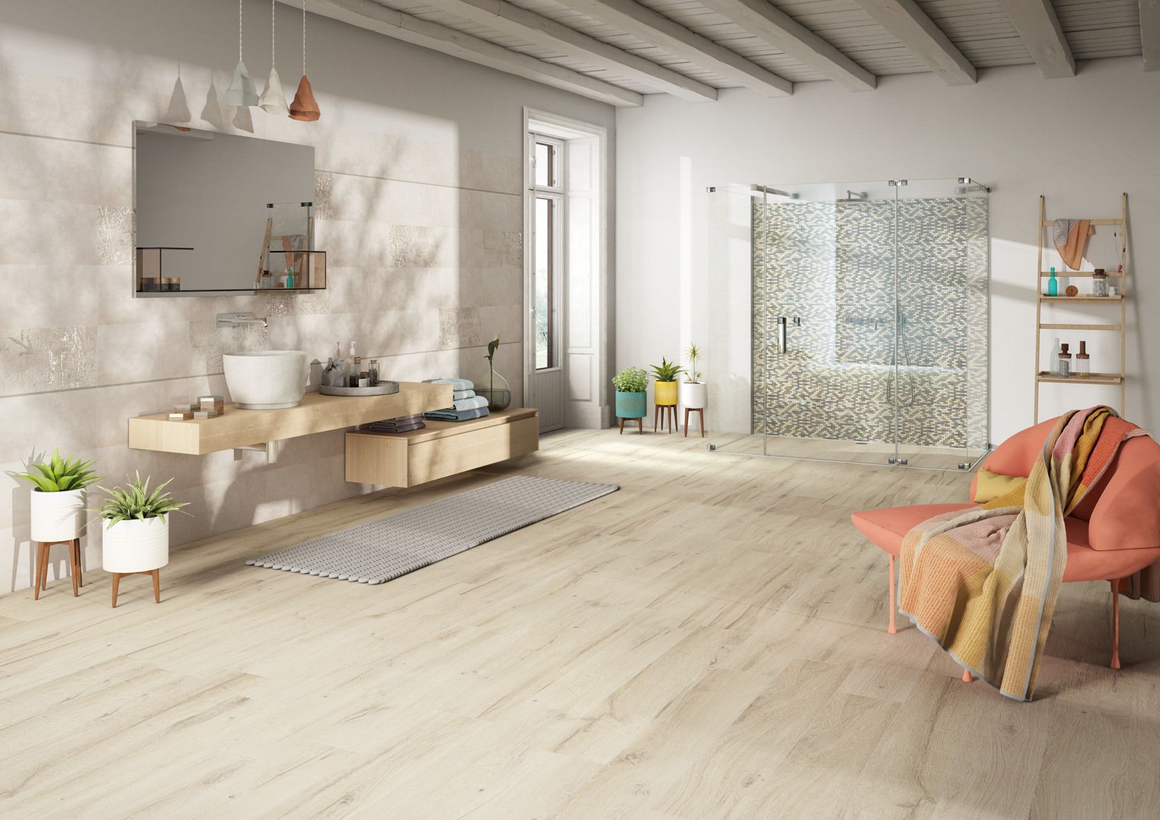Bagno nordico con tocchi cromatici e un pavimento in gres effetto ... Un pavimento di cemento o legno