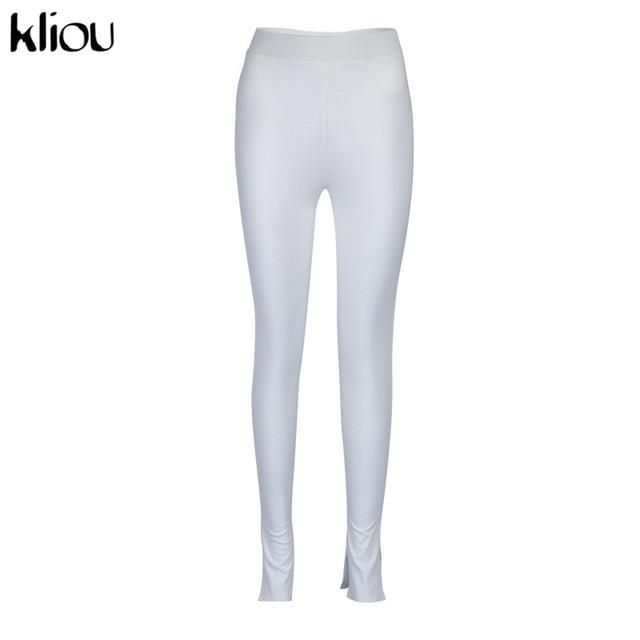 Kliou women ribbed casual solid skinny high waist women fashion leggings split sporty workout streetwear active wear - White / S