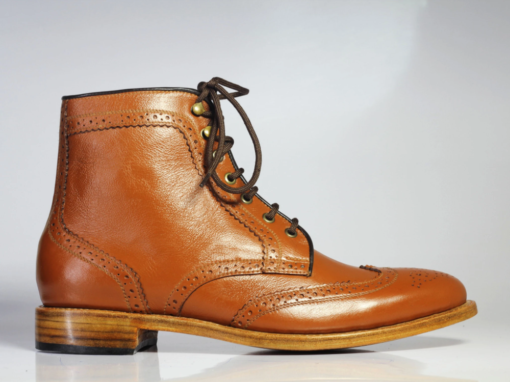 handmade men s tan wing tip brogue leather boots men ankle high lace up boots leather boots brogue boots tan leather boots