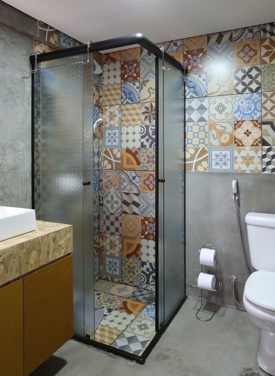 Inloopdouche in cementtegels | Eclectische badkamer ...