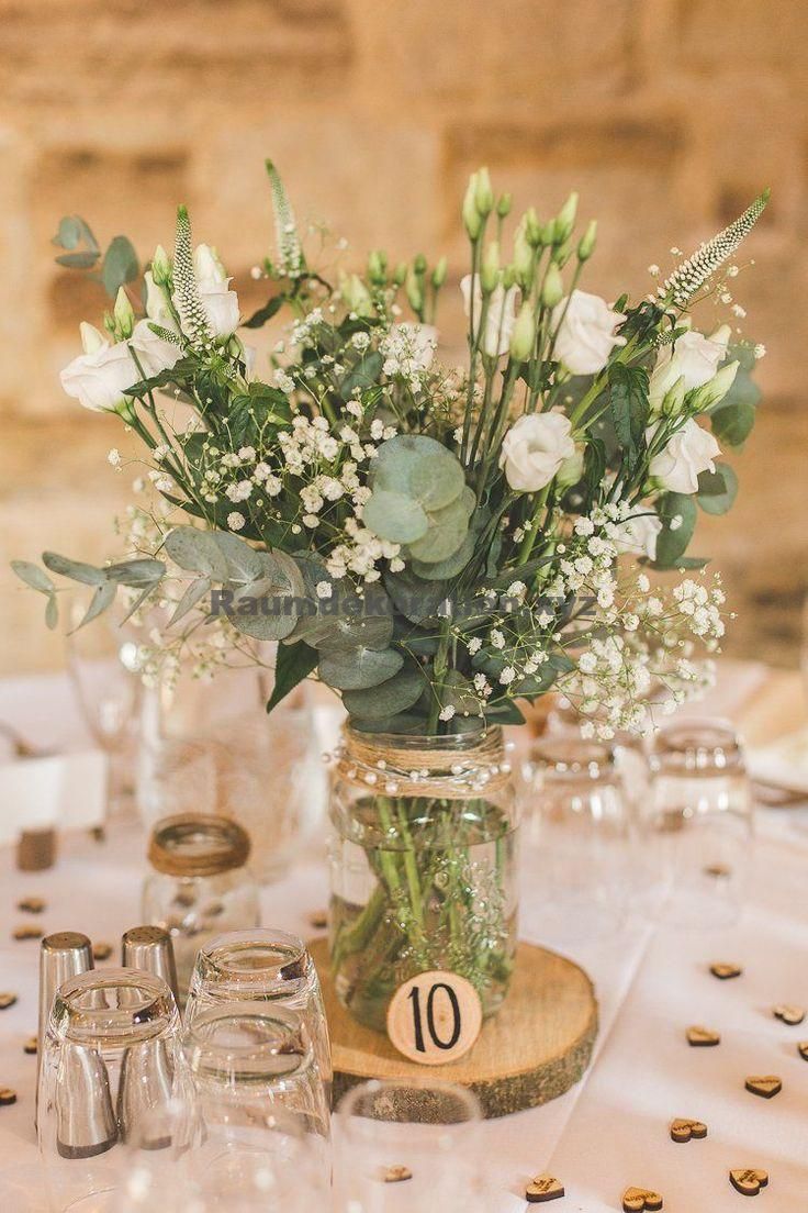 Tischdeko Hochzeit Glas Blumen Mittelstück Tabelle Protokoll Grün Laub rustikal im Fr Tischdeko Hochzeit Glas Blumen Mittelstück Tabelle Protokoll Grün Laub rustikal im Fr