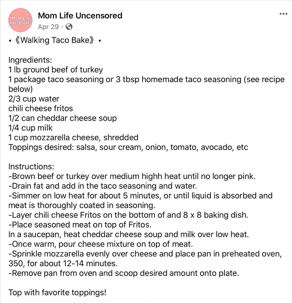 Walking Taco Bake Taco bake, Chili cheese fritos Walking Taco Bake Taco bake, Chili cheese fritos