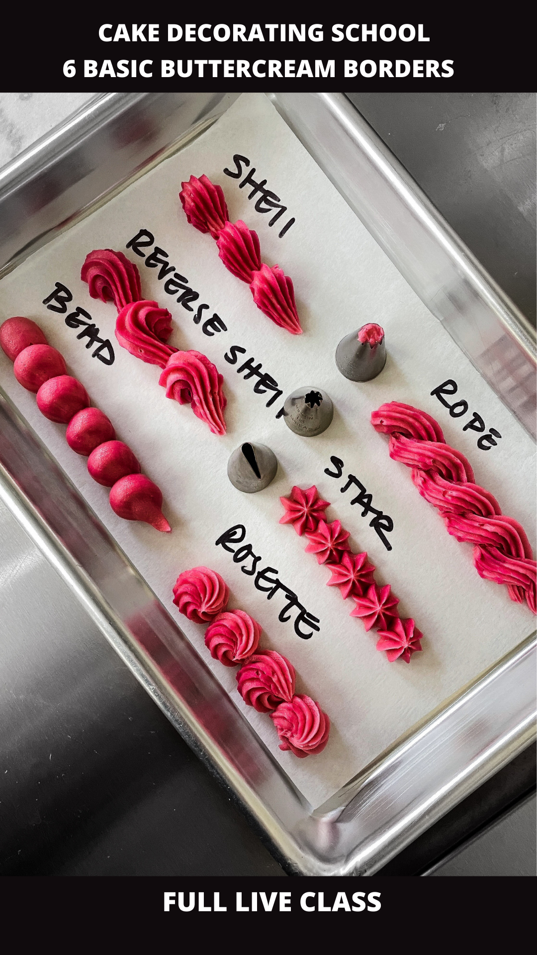 6 Basic Buttercream Borders. Here is a free full live class from our past iG live. Click on the link to watch. Enjoy! Follow us and join our school with the pin link. Bijou's Sweet Treats Cake Decorating School. Cake Decorating For Beginners, Cake Decorating Classes, Cake Decorating Designs, Cake Decorating Tutorials, Cake Decorating Techniques, Simple Cake Decorating, Sheet Cake Designs, Simple Cake Designs, Cake Frosting Techniques