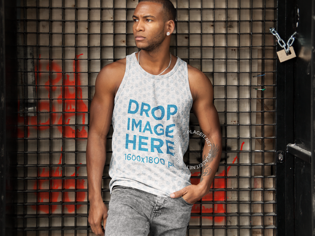 Download New! Tank Top #Mockup of a Man Leaning Against a Metal ...
