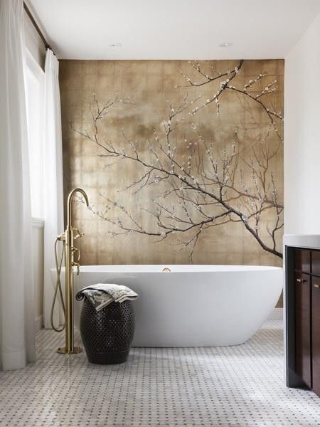 Incorporating Asian Inspired Style Into Modern Décor Bathroom This Simple And Elegant Bathroom Is Completed With A Beautiful Wall Mural