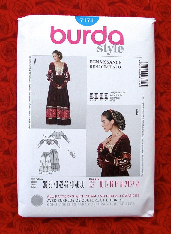 Burda Sewing Pattern 7171 Renaissance 2 Piece Gown Snood Etsy In 2021 Burda Sewing Patterns Renaissance Dress Pattern Sewing Patterns