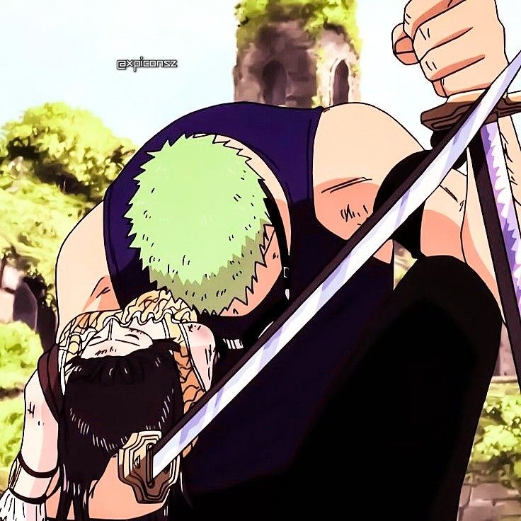 An Anime Character With Green Hair Holding Two Swords In One Hand And