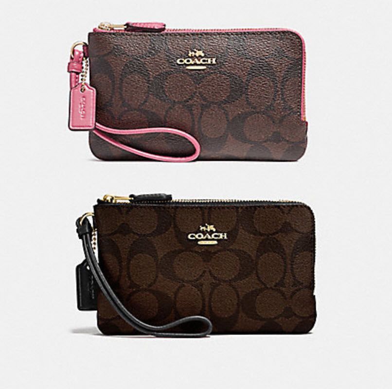 New F87591 Coach Double Corner Zip Wristlet In Brown//Black Nwt
