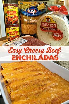 EASY CHEESY BEEF ENCHILADAS - Go-to family favorite for almost two decades. With just four ingredients and under an hour from start to finish, these cheesy, beefy, saucy enchiladas are a cinch to make, always a hit! #BeefEnchiladas #Easy #Recipe #Mexican #Maindish Drink Party, Party Food, Healthy Dinner Recipes, Cooking Recipes, Easy Recipes, Find Recipes, Vegetarian Recipes, Crowd Recipes, Dessert Recipes