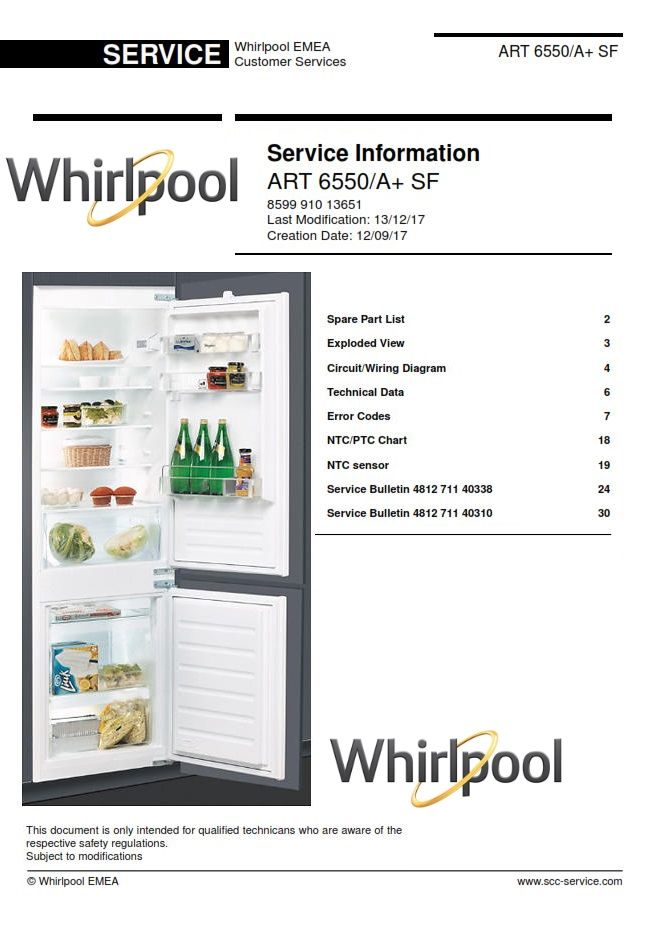 Whirlpool ART 6550 A+ SF Refrigerator Service Manual & Technicians