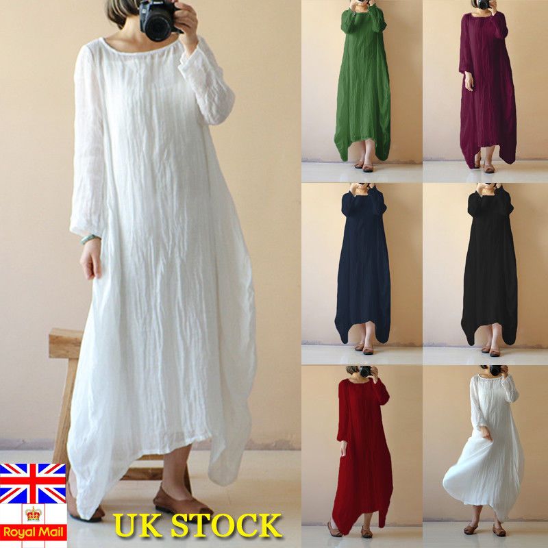 UK Summer Women Sleeveless Cotton linen Long Maxi Kaftan Dress Plus Size 6-18