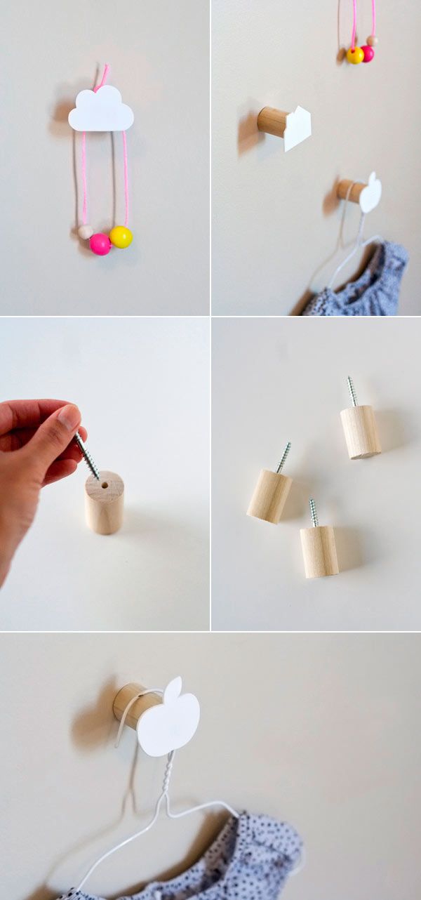 DIY-perchas-ganchos-niños Diy Wall Hooks, Decorative Wall Hooks, Diy Hangers, Broom Hanger, Entryway Hooks, Wall Hanger, Diy Wand, Diy Projects To Try, Craft Projects