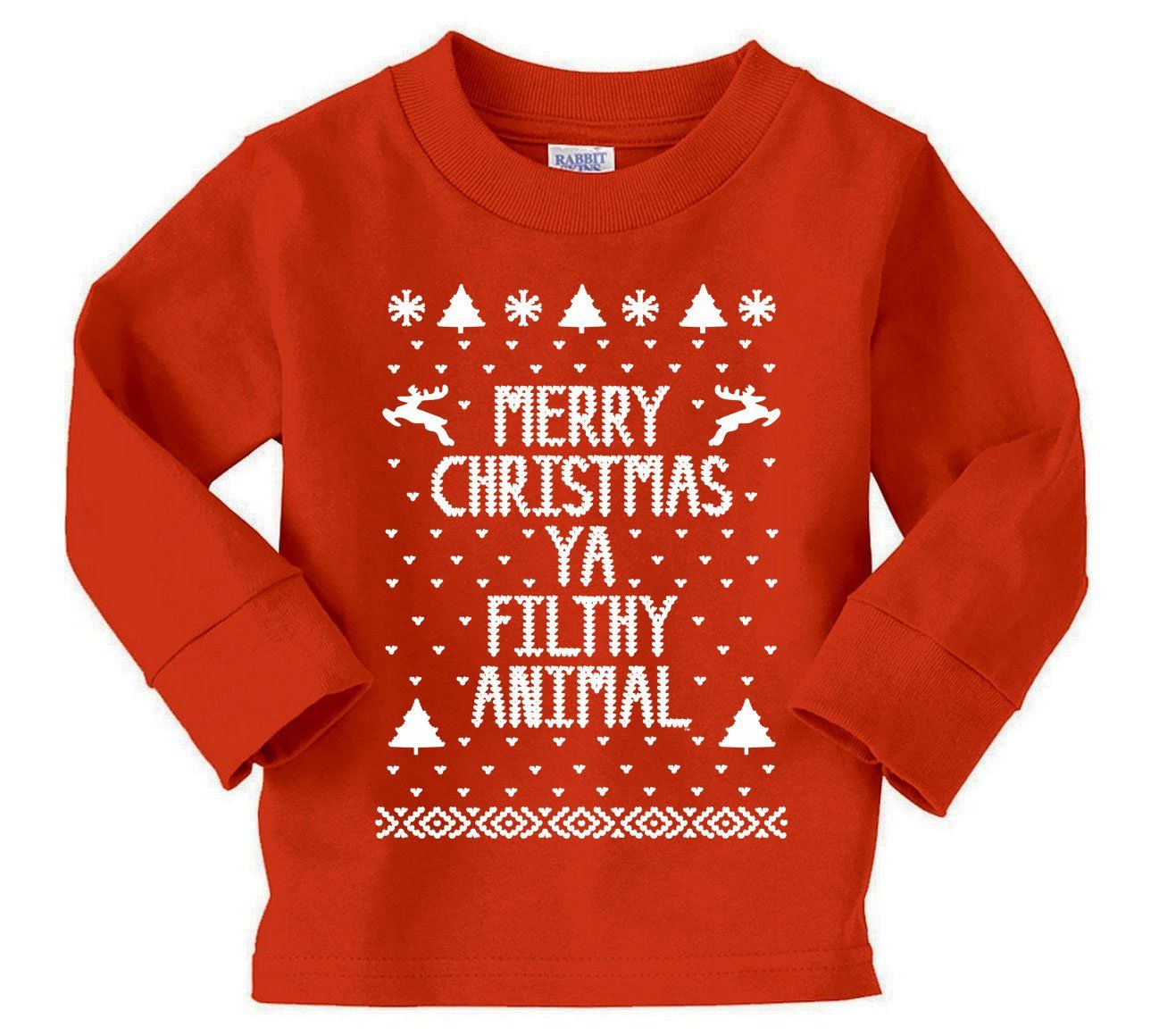LONG SLEEVE T-Shirt Merry Christmas Ya Filthy Animal Ugly Sweater Retro Red