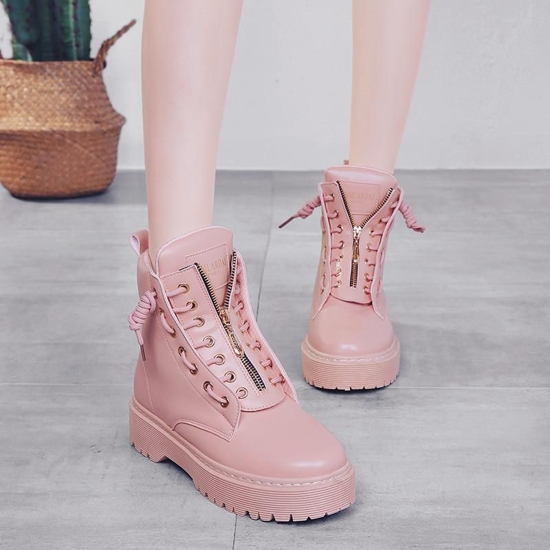 Women Winter Motorcycle Zip Lace Up Ankle Boots Round Toe Block Heel Shoes ^