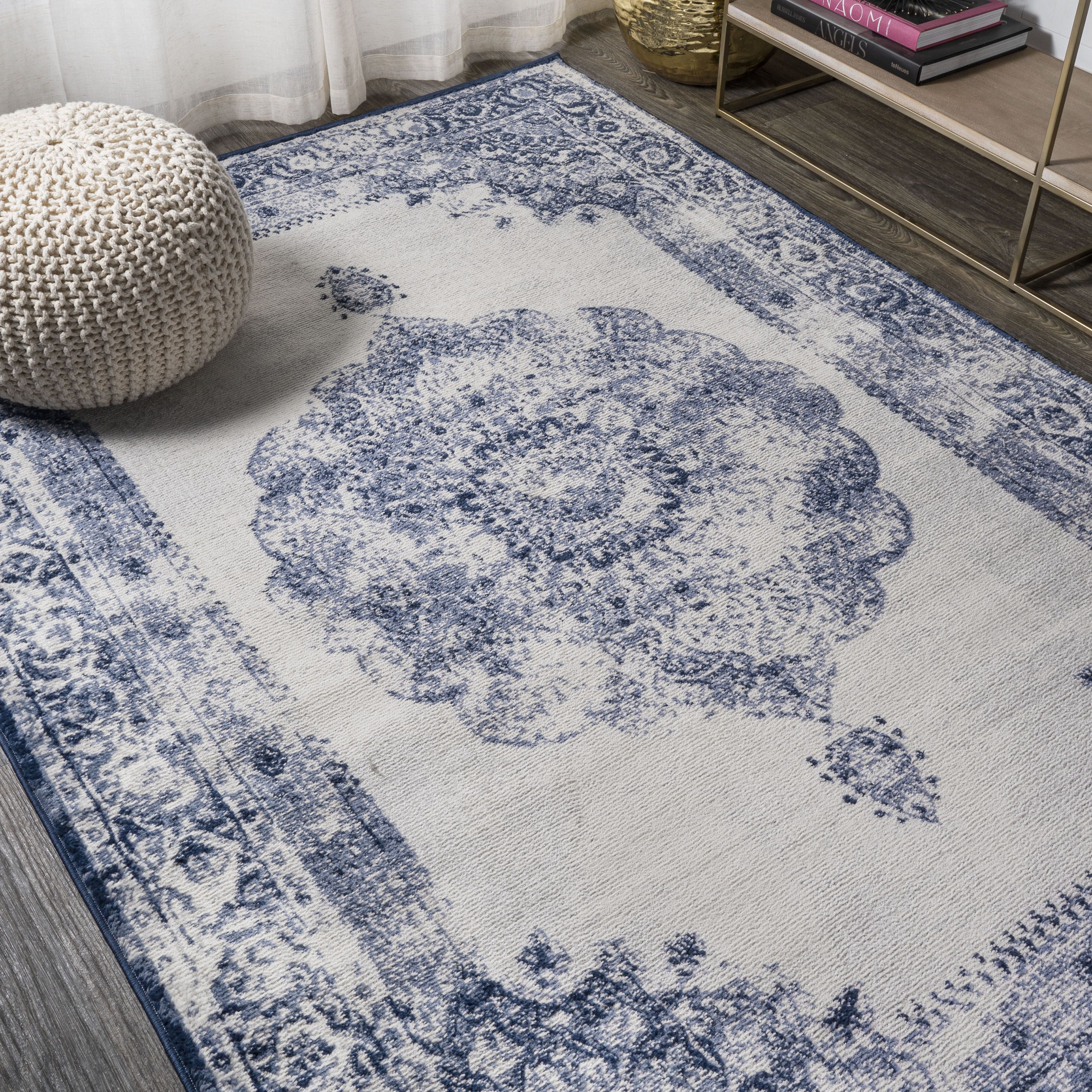 This elegant rug's ornate medallion and wide border are inspired by traditional Persian rug patterns. Warm, neutral ivory and blue are the perfect way to update a living room, bedroom, entry or dining room. With its muted design, this versatile rug works beautifully in both traditional and modern spaces. | Cottage Medallion Navy/Ivory 3' x 5' Area Rug Blue Navy Area Rug, Blue Area Rugs, White Rug, White Area Rug, Vintage Medallion, Jonathan Y, Blue Ivory, Dark Blue, Light Blue