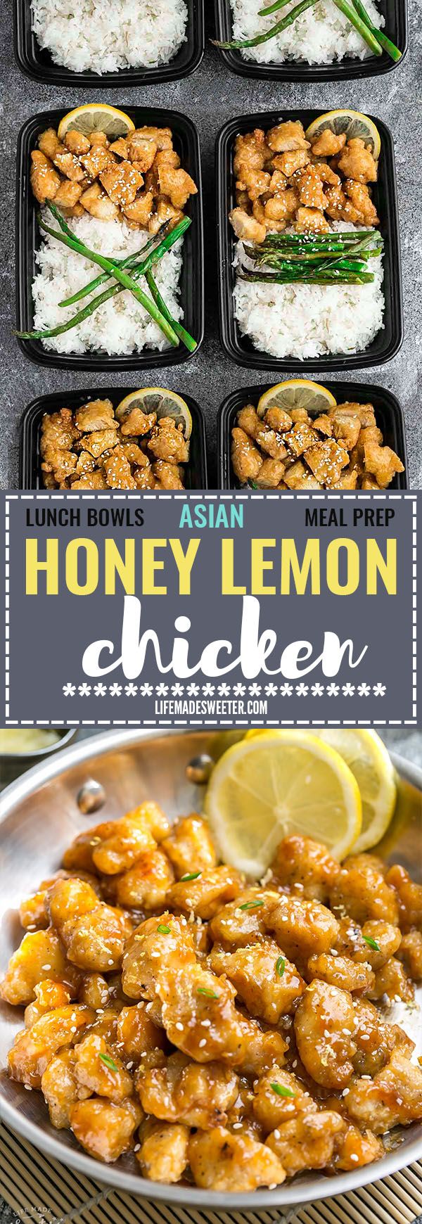 Asian Honey Lemon Chicken - coated in a crispy and crunchy coating and covered in a delicious citrus sweet & tangy sauce that is even better than your local Chinese takeout restaurant! Best of all, it's full of authentic flavors and super easy to make with just 15 minutes of prep time. Skip that takeout menu! This is so much better and healthier! Weekly meal prep or leftovers are great for lunch bowls for work or school. Can be made gluten free & paleo friendly. Meal Prep Bowls, Lunch Meal Prep, Healthy Meal Prep, Healthy Eating, Paleo Lunch, Paleo Dinner, Paleo Food, Healthy Food, Easy Lunch Prep