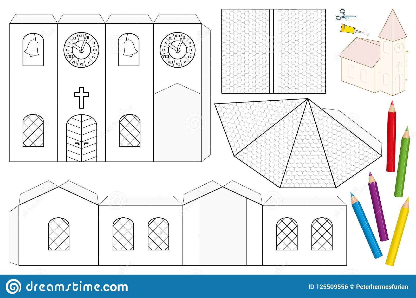 Church Paper Craft Coloring Template Photo About Dimensional Church Craft Clock Outline Creative Nave Paper House Template Paper House Diy Paper Crafts