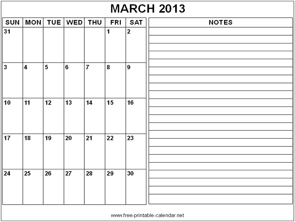 free printable calendar net printable march 2013 notes the 2013 printable calendar