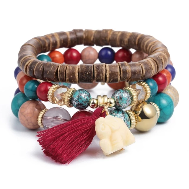 Erholi Women Fashion Wood Beads Bracelets Boho Small Elephant Charm Bracelets Set Vintage Style Jewelry Strand