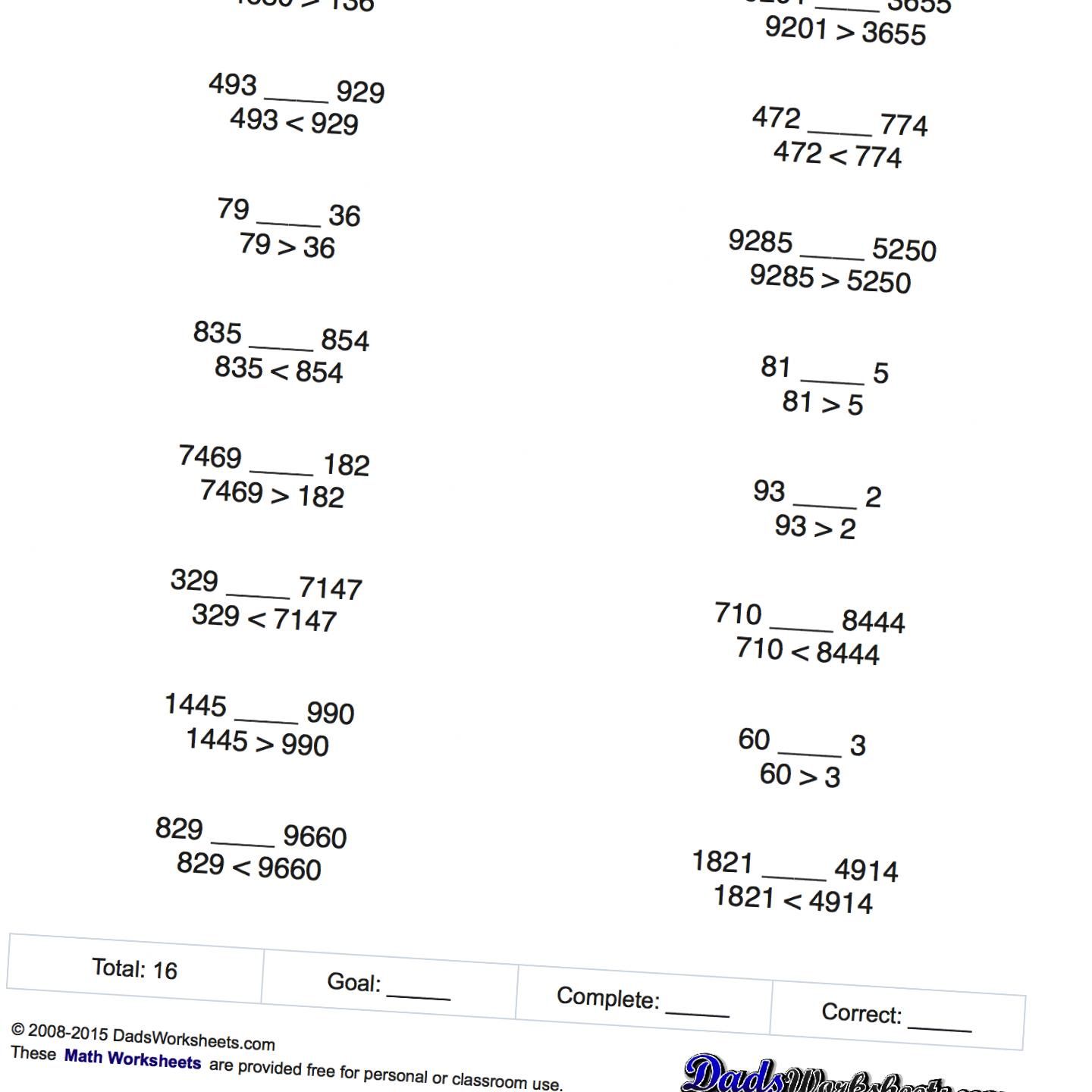 Math Worksheets Simple Greater Than and Less Than Tests Math