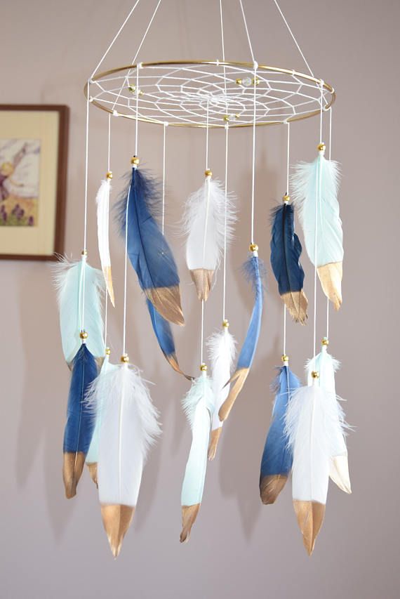 Nursery Mobile Dream Catcher Feather Navy Mint White Nursery Mobile Dream Catcher Feather Navy Mint White Decor Baby Boy Native American Tribal