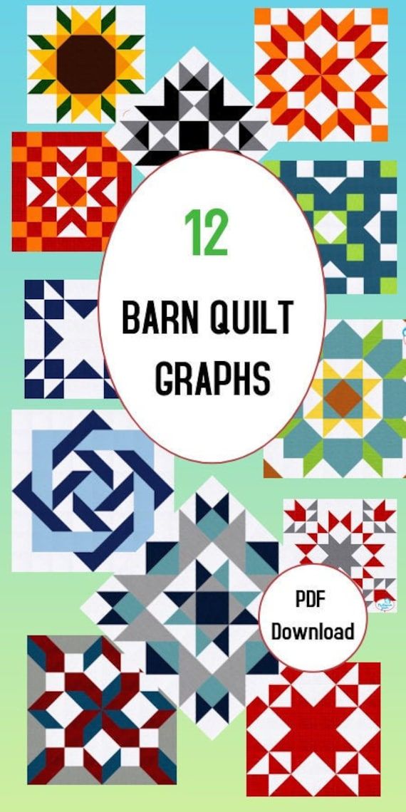 This listing is for a pdf download of 12 (plus one to make 13) full color graphs of Barn Quilts. ***This is not the finished wood barn quilt itself product.*** You would use the graphs as a guide to mark your design (usually with a straight edge and pencil after you prime your wood.) Example: You Barn Quilt Designs, Quilting Designs, Quilting Projects, Sewing Projects, Quilt Square Patterns, Barn Quilt Patterns, Pattern Blocks, Free Quilt Patterns Printables, Diy Quilt