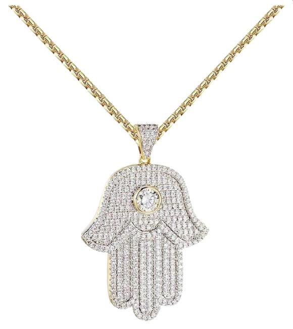 New Hamsa Hand Pendant Set Solitaire Iced Out Simulated Diamonds 14K GoldFinish New Hamsa Hand Pendant Set Solitaire Iced Out Simulated Diamonds 14K GoldFinish