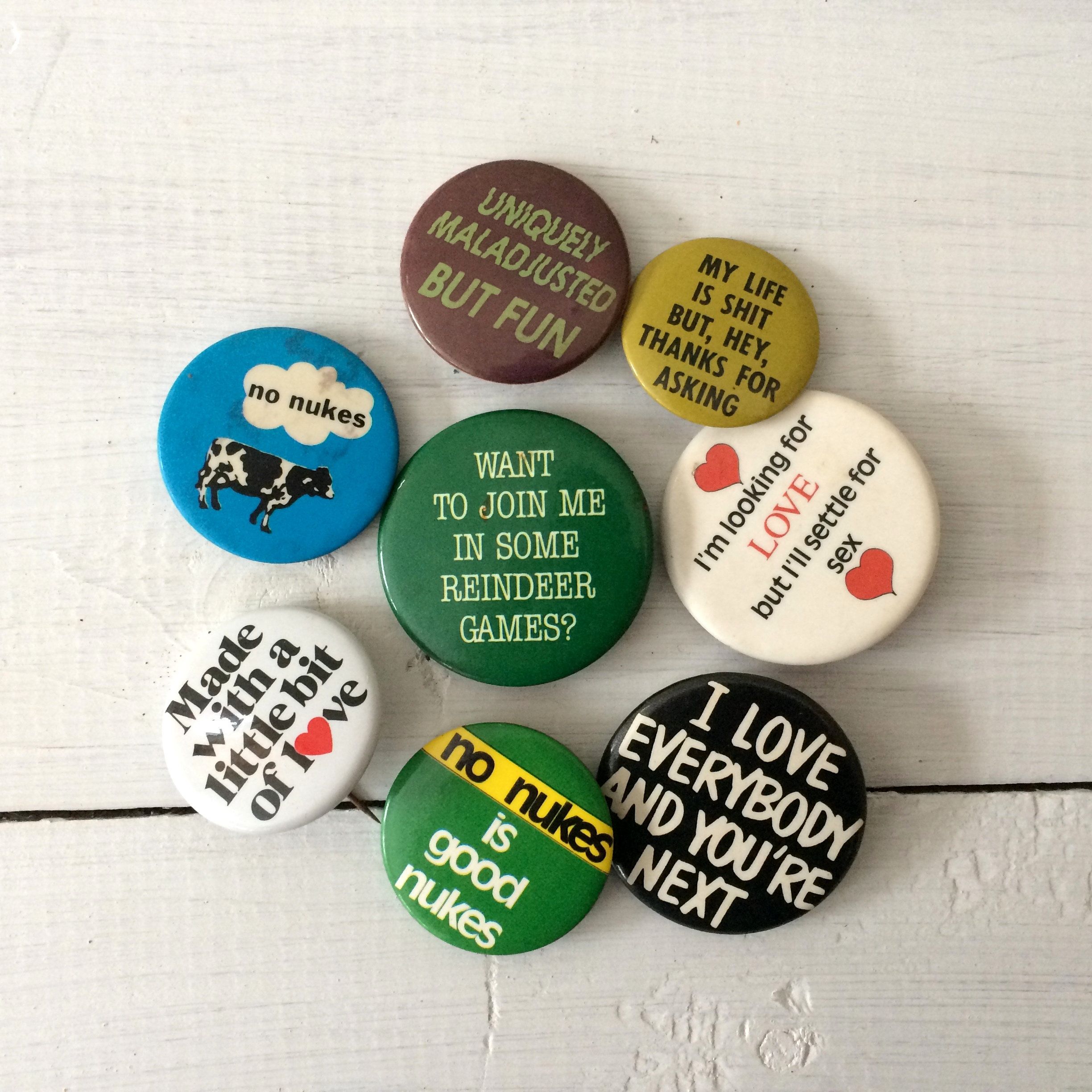 Vintage Button Pins Set Of 8 Pin Back Buttons Humorous Etsy Novelty Buttons Vintage Button