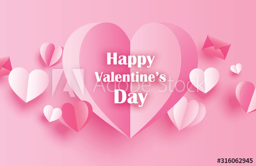 Happy Valentines Day Greeting Cards With Paper Hearts On Pink